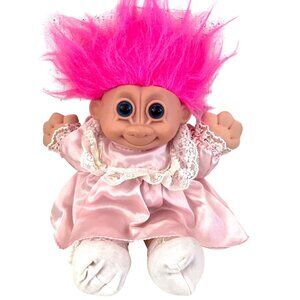 VTG Russ Troll Kidz Pink Hair Doll Original Tag Pink Satin Dress 12” #2325